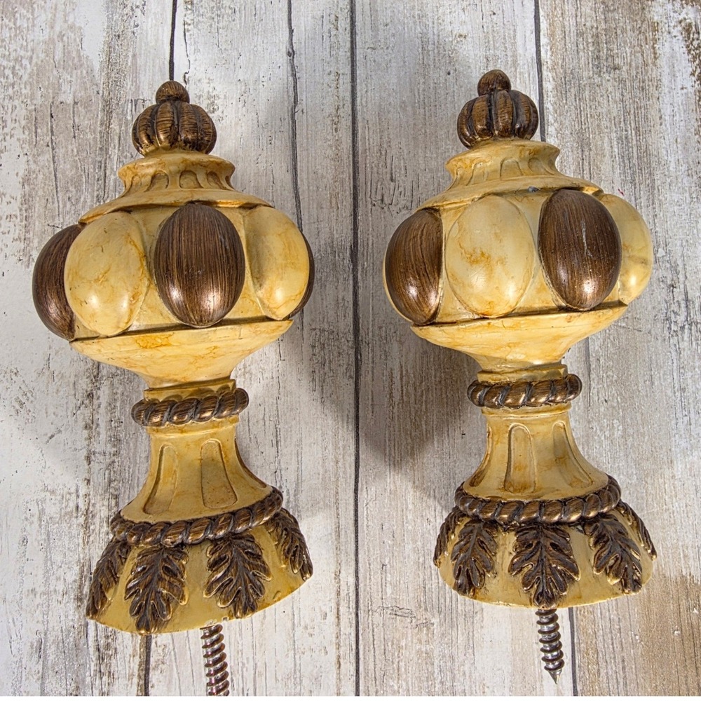Vintage Style Ornate Bronze Cream Resin Curtain Rod Finials Set of 2 Leaf Design